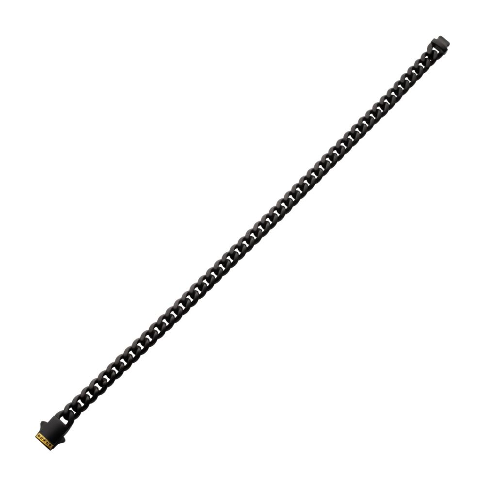 8mm Black Plated Stainless Steel Miami Cuban Matte Finish 8" Chain Bracelet with Genuine Black Sapphire 18K Gold Plated Box Clasp BR659K-880
