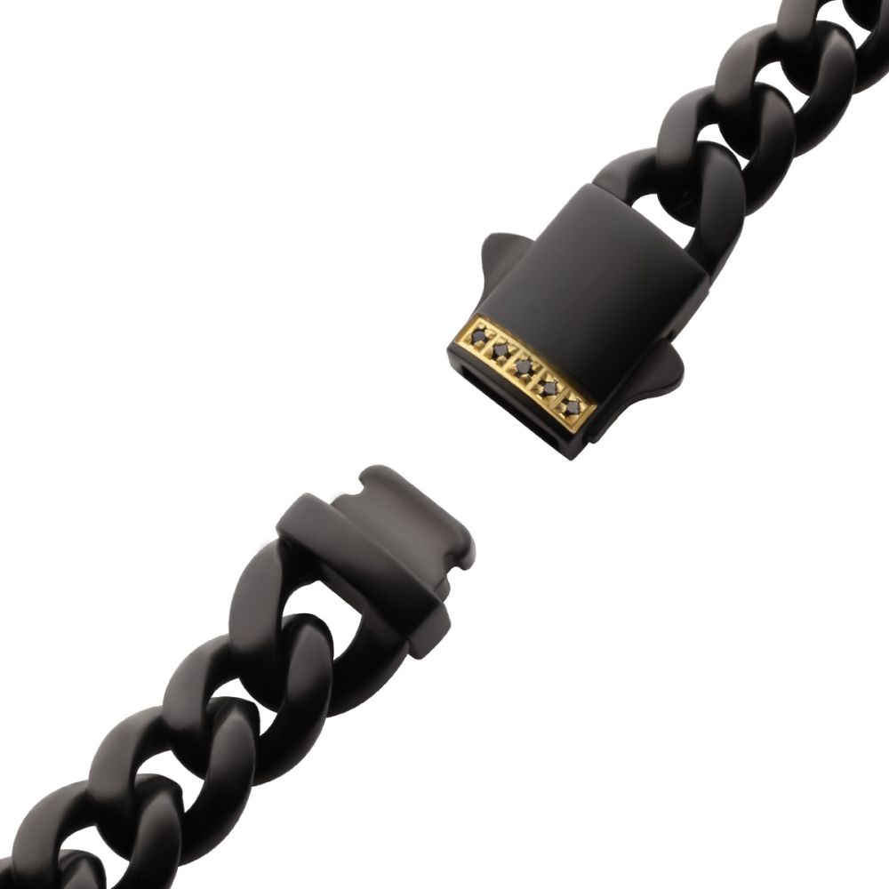 8mm Black Plated Stainless Steel Miami Cuban Matte Finish 8" Chain Bracelet with Genuine Black Sapphire 18K Gold Plated Box Clasp BR659K-880