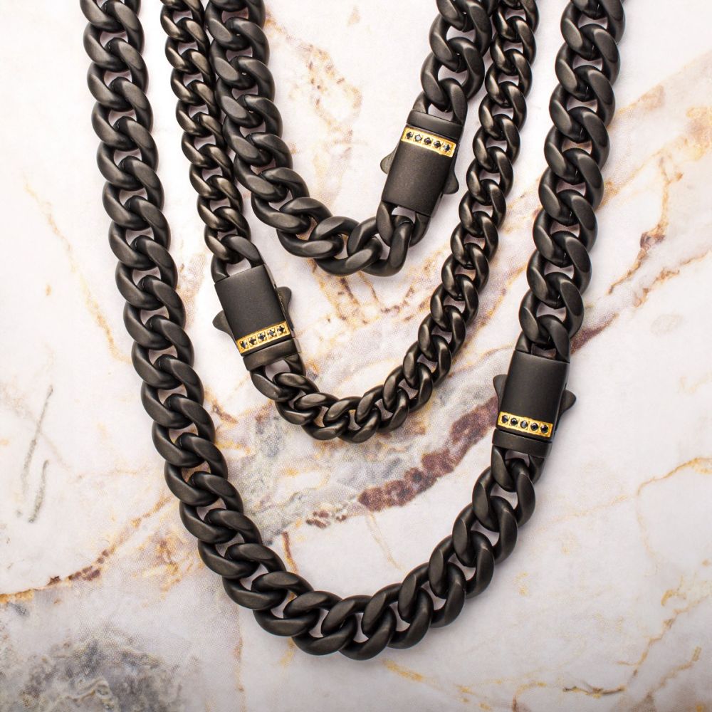 8mm Black Plated Stainless Steel Miami Cuban Matte Finish 8" Chain Bracelet with Genuine Black Sapphire 18K Gold Plated Box Clasp BR659K-880