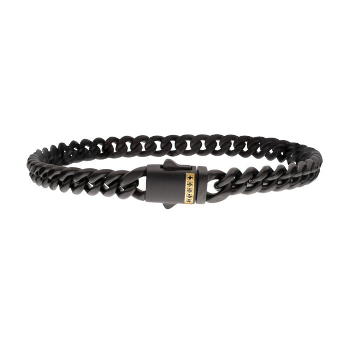 8mm Black Plated Stainless Steel Miami Cuban Matte Finish Bracelet with Genuine Black Sapphire 18K Gold Plated Box Clasp BR659K-880