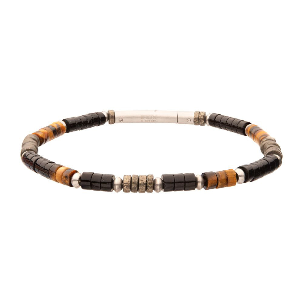 Pyro Sentinel Onyx / Pyrite &amp; Tiger-Eye Heishi Bead 7.75&quot; Bracelet BRHSHI04-775