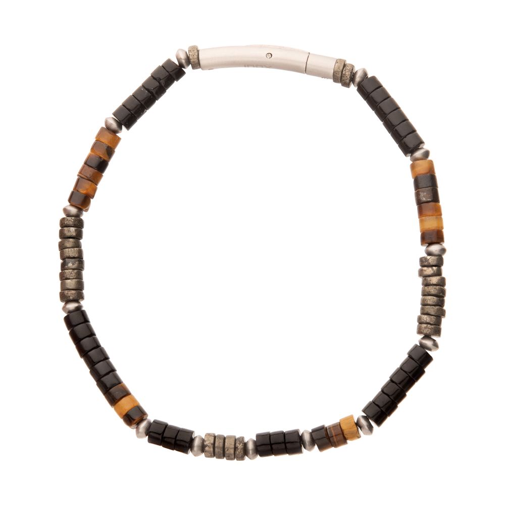 Pyro Sentinel Onyx / Pyrite &amp; Tiger-Eye Heishi Bead 7.75&quot; Bracelet BRHSHI04-775