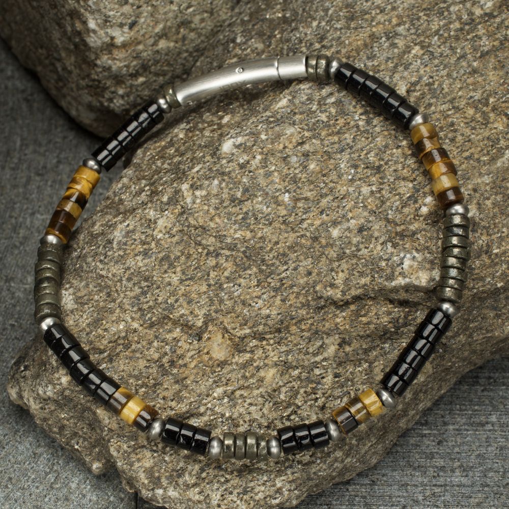 Pyro Sentinel Onyx / Pyrite & Tiger-Eye Heishi Bead 7.75" Bracelet BRHSHI04-775