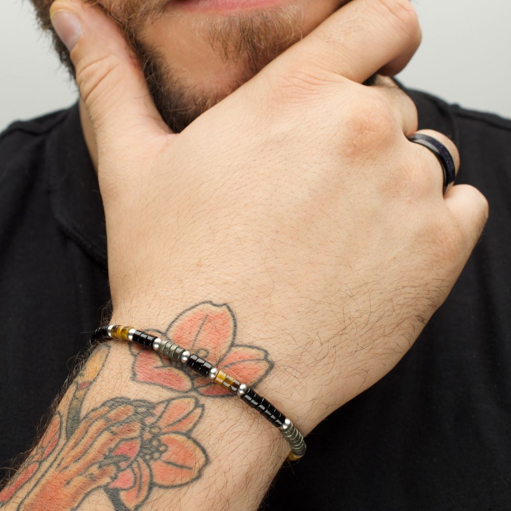 Pyro Sentinel Onyx / Pyrite & Tiger-Eye Heishi Bead 7.75" Bracelet BRHSHI04-775