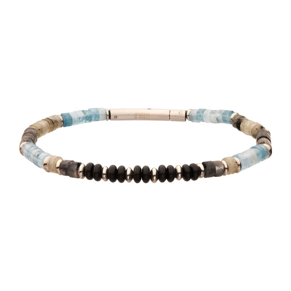 Tundra Labradorite / Aquamarine &amp; Moonstone Heishi Bead 7.75&quot; Bracelet BRHSHI05-775