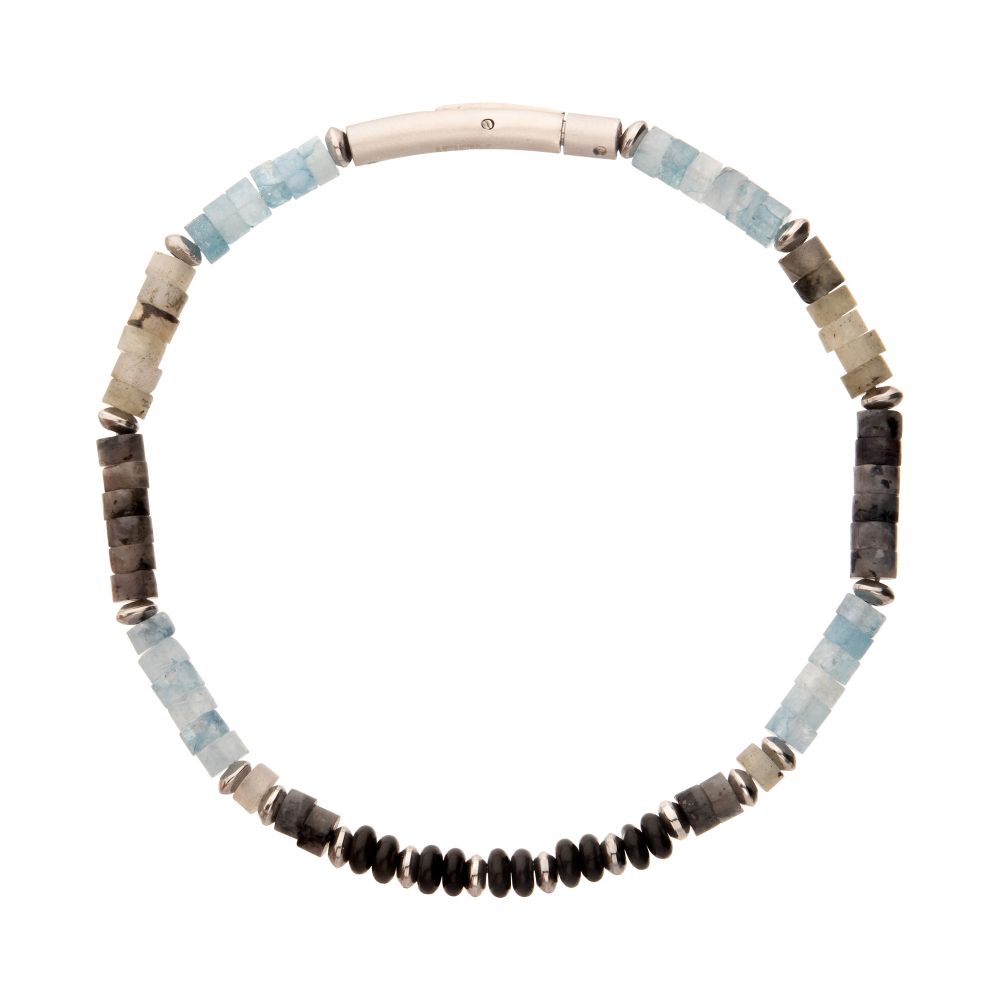 Tundra Labradorite / Aquamarine & Moonstone Heishi Bead 7.75" Bracelet BRHSHI05-775