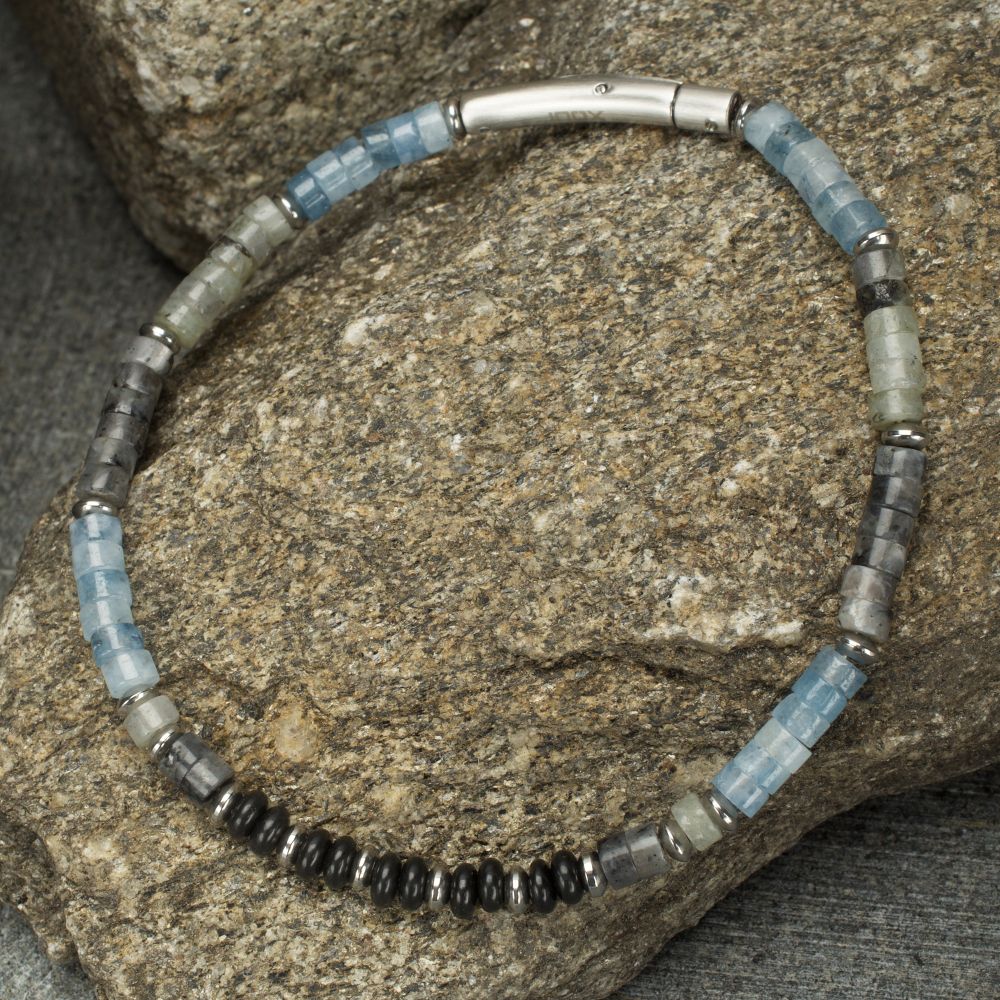 Tundra Labradorite / Aquamarine &amp; Moonstone Heishi Bead 7.75&quot; Bracelet BRHSHI05-775