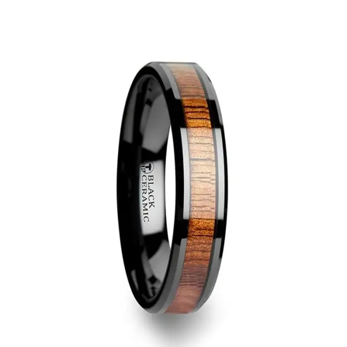 Thorsten Acacia Koa Wood Inlaid Black Ceramic Ring w/ Bevels (4-10mm) C1958-KOWI