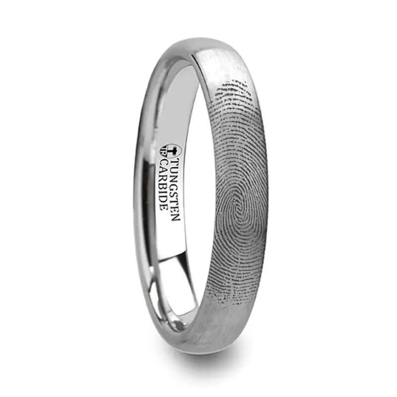 Thorsten Perseus Fingerprint Engraved Domed Brushed Tungsten Ring Brushed Ring (4-8mm) F1299-FBBT