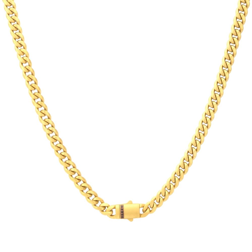 6mm 18K Gold Plated Stainless Steel Miami Cuban Matte Finish 22" Chain with Genuine Black Sapphire 18K Gold Plated Box Clasp NK659GP-622