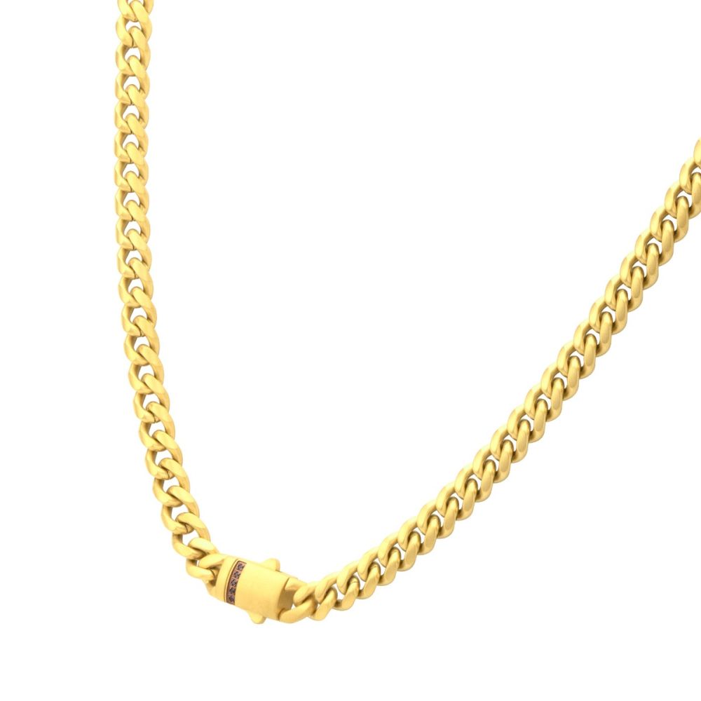 6mm 18K Gold Plated Stainless Steel Miami Cuban Matte Finish 22&quot; Chain with Genuine Black Sapphire 18K Gold Plated Box Clasp NK659GP-622