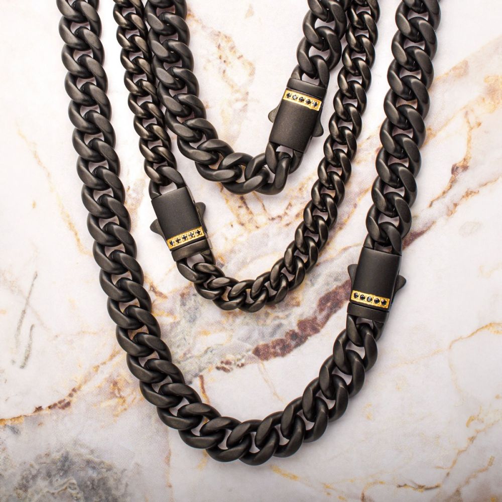 6mm Black Plated Stainless Steel Miami Cuban Matte Finish 22&quot; Chain with Genuine Black Sapphire 18K Gold Plated Box Clasp NK659K-622
