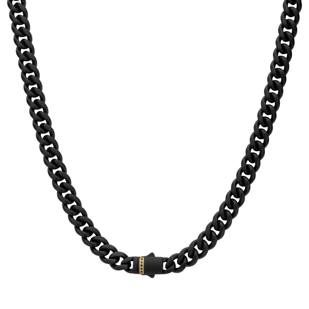 6mm Black Plated Stainless Steel Miami Cuban Matte Finish 22" Chain with Genuine Black Sapphire 18K Gold Plated Box Clasp NK659K-622