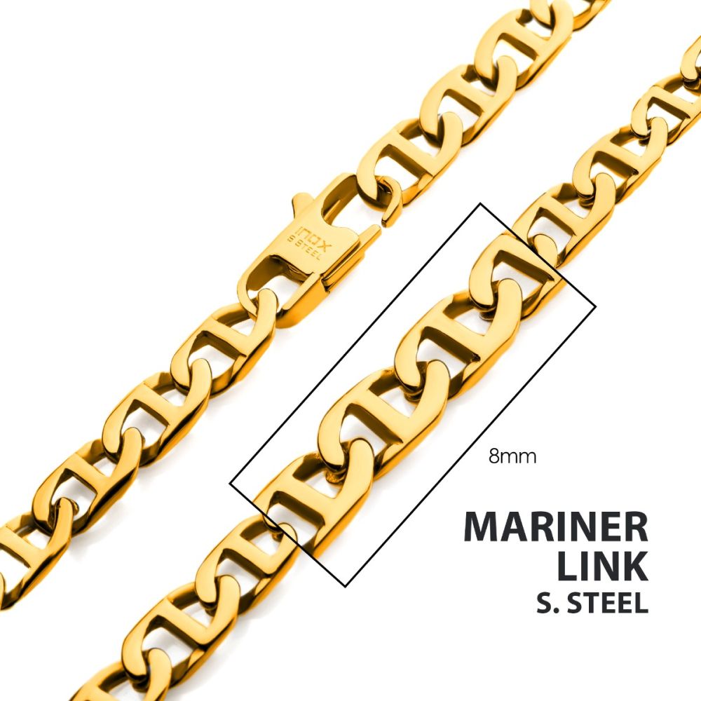 8mm 18K Gold Plated Stainless Steel Mariner Link Chain 22&quot; NSTC0108G-22