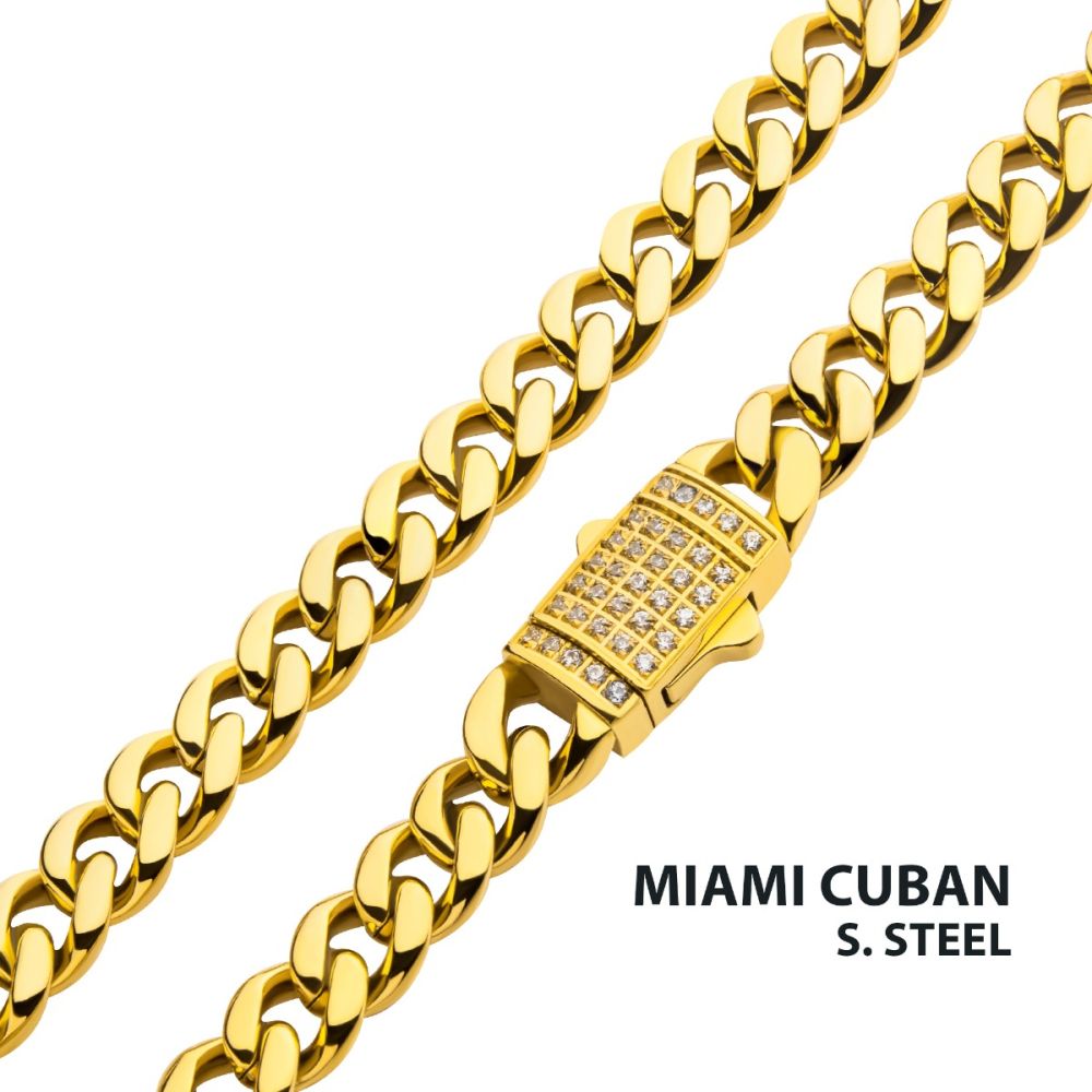 6mm 18K Gold Plated Stainless Steel Miami Cuban 22&quot; Chain With Precision Set Cubic Zirconia Box Clasp NSTC2106-22GP