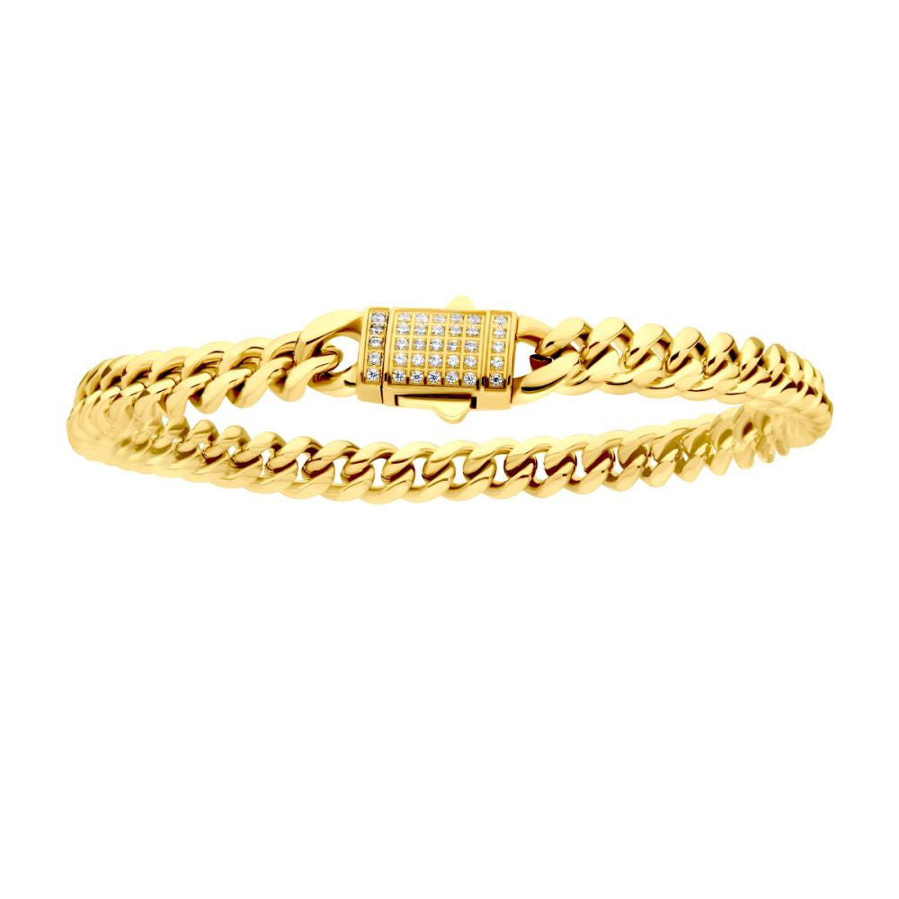 6mm 18K Gold Plated Stainless Steel Miami Cuban 8&quot; Chain Bracelet With Precision Set Cubic Zirconia Box Clasp NSTC2106-8GP