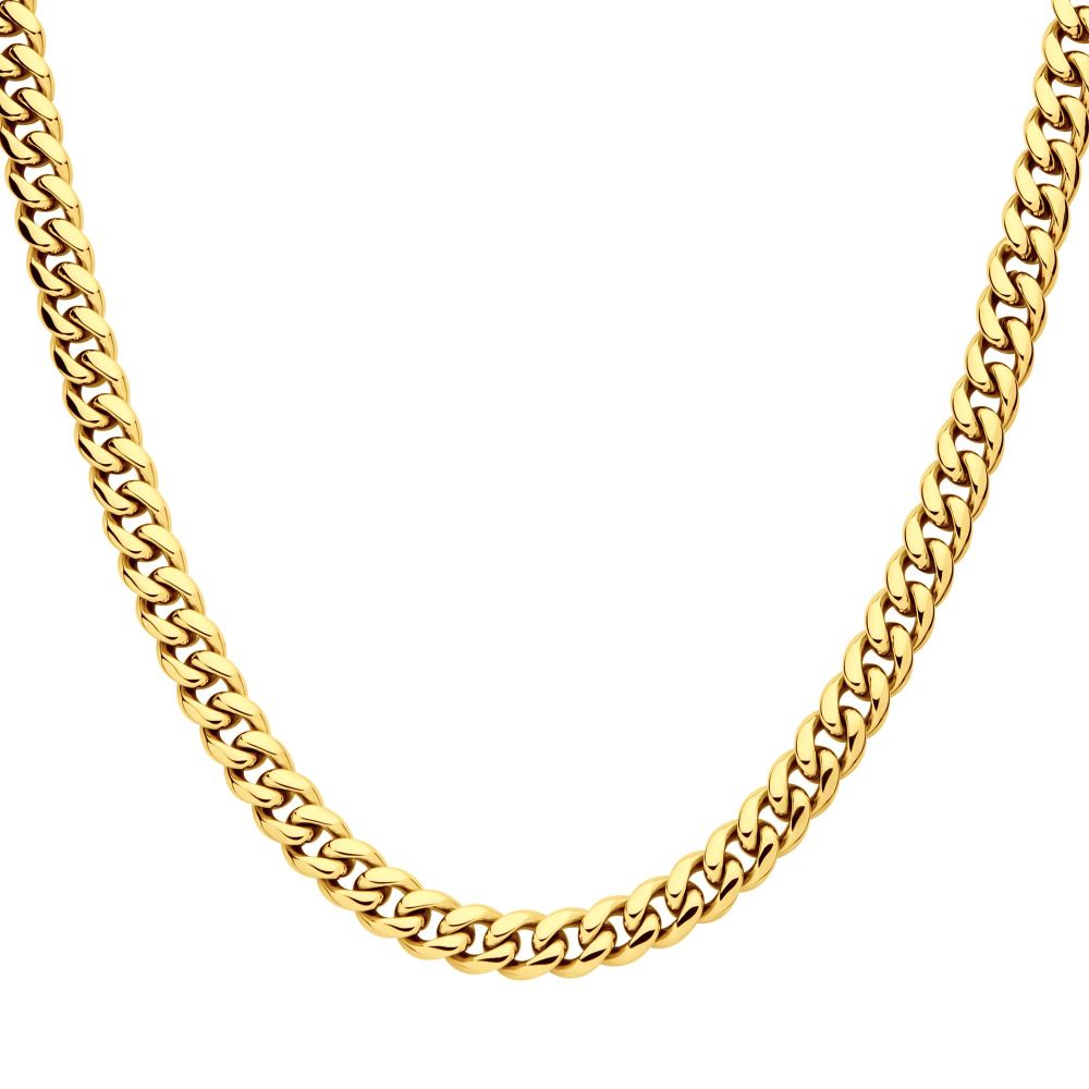 8mm 18K Gold Plated Stainless Steel Miami Cuban 24" Chain With Precision Set Cubic Zirconia Box Clasp NSTC2108-24GP