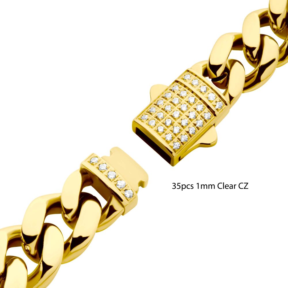 8mm 18K Gold Plated Stainless Steel Miami Cuban 8" Chain Bracelet With Precision Set Cubic Zirconia Box Clasp NSTC2108-8GP