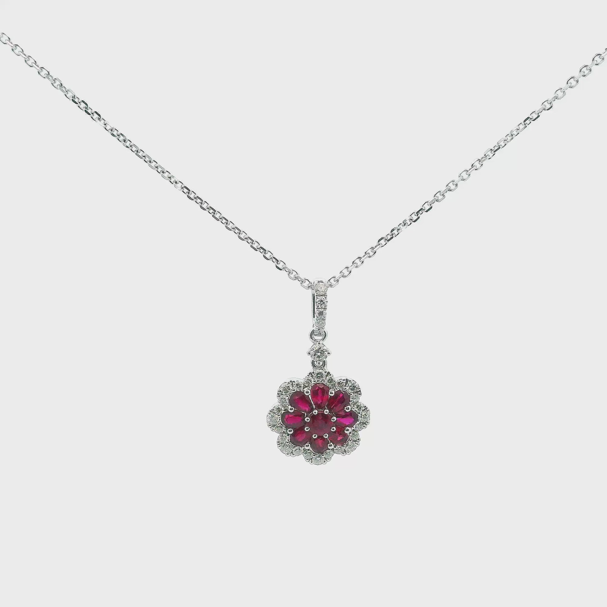 14K Yellow Gold 0.90cttw.Ruby & 0.25cttw. Diamond Floral Pendant Necklace