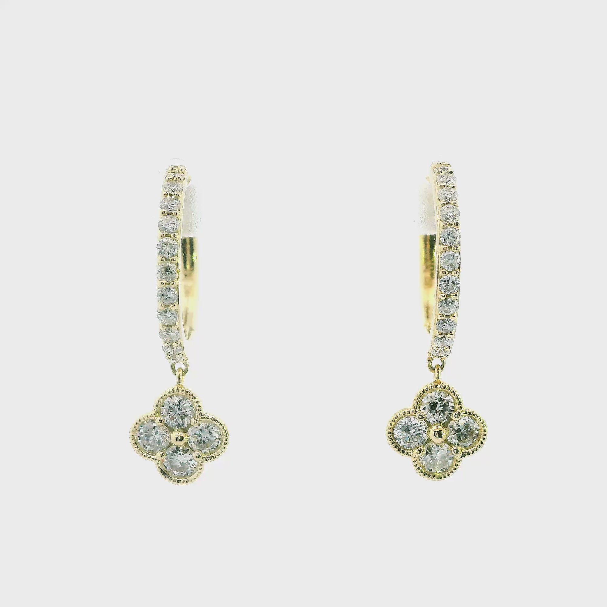 14K Yellow Gold 0.60cttw. Diamond Clover Dangle Huggie Hoop Earrings