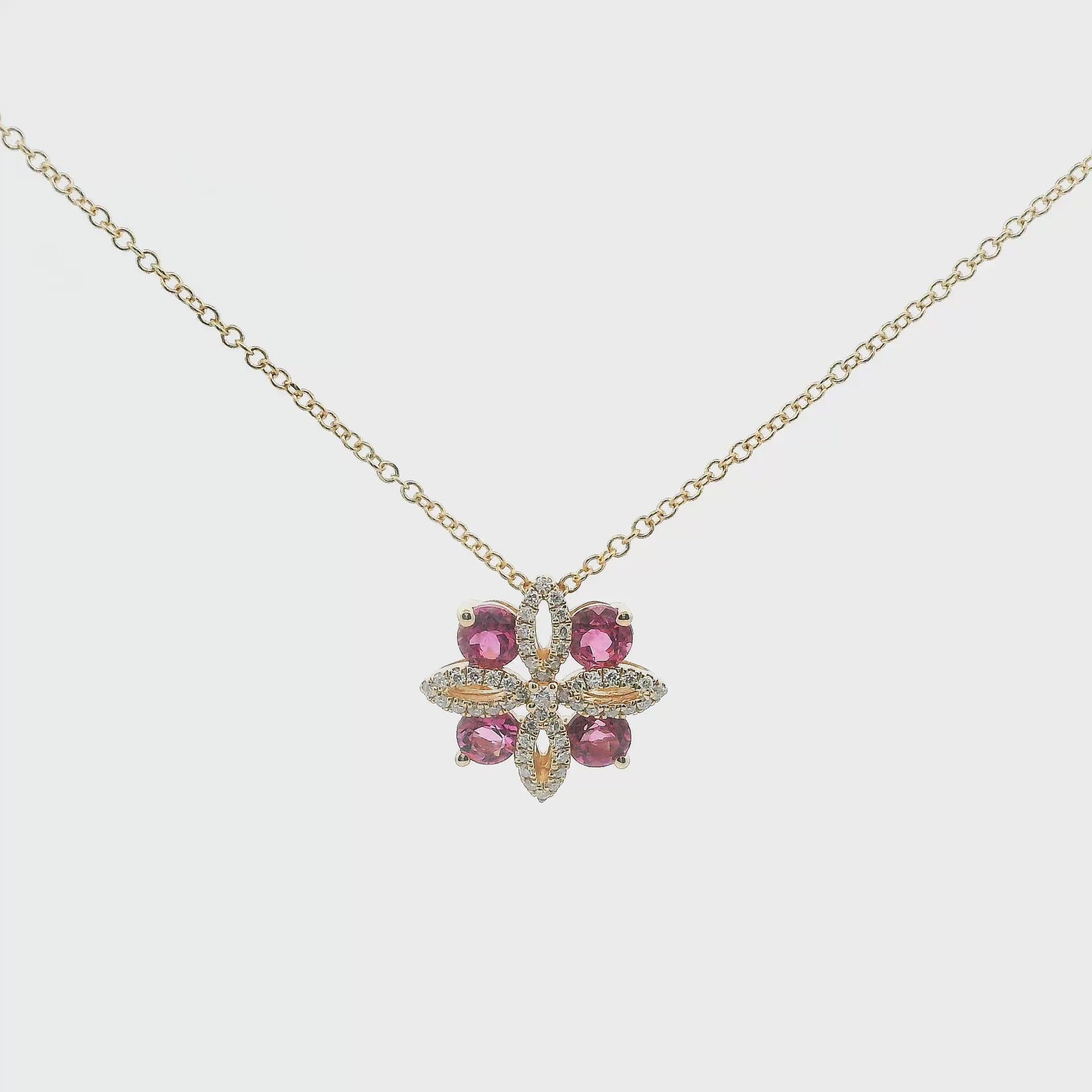 14K Yellow Gold 0.78cttw. Pink Tourmaline & 0.15cttw. Diamond Floral Pendant Necklace