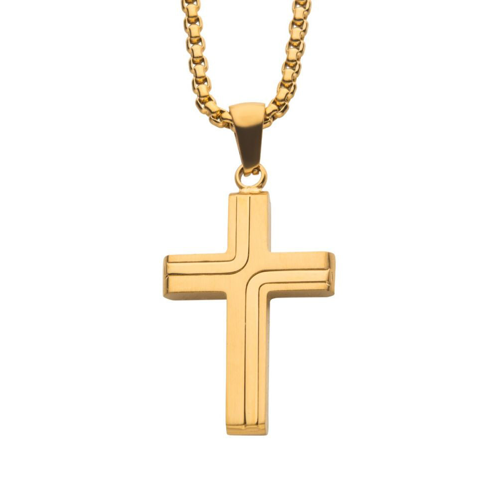 18K Gold Plated Stainless Steel Cross Drop Pendant With Round Box Chain SSP15465NKGP