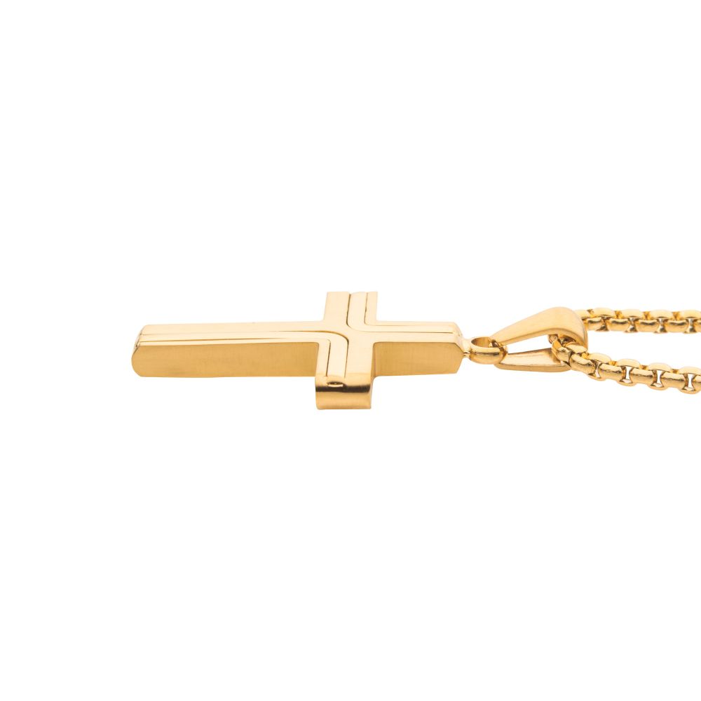 18K Gold Plated Stainless Steel Cross Drop Pendant With Round Box Chain SSP15465NKGP