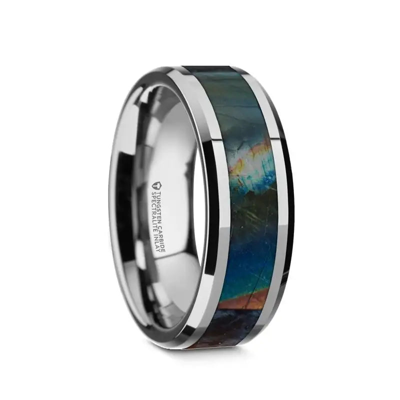 Thorsten ESSENCE Beveled Tungsten Carbide Wedding Ring with Spectrolite Inlay Polished Finish - 8mm Thorsten ESSENCE Beveled Tungsten Carbide Wedding Ring with Spectrolite Inlay Polished Finish - 8mm