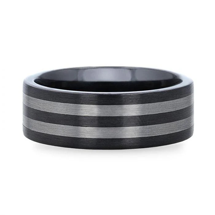 Thorsten Beta Black Ceramic Flat Profile Wedding Band w/ Brushed Tungsten Inlay (8mm) W3211-DCIB