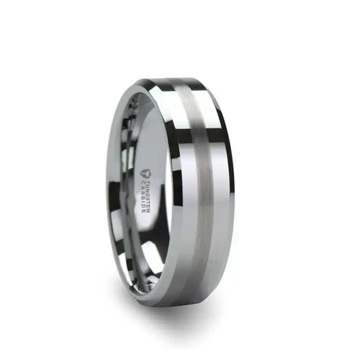 Thorsten Grenoble Beveled Tungsten Carbide Ring with Brushed Stripe (6-8mm) W322-FBBS