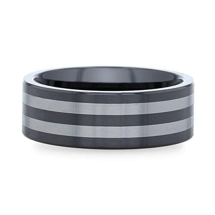 Thorsten Diplo Black Ceramic Flat Profile Wedding Band w/ Polished Tungsten Inlay (8mm) W3289-DCIP