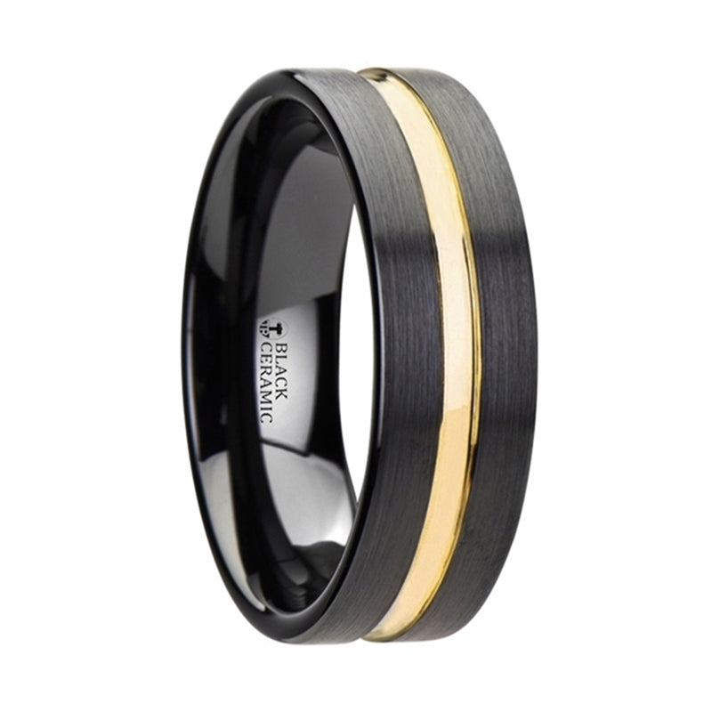 Thorsten Vivaldi Black Ceramic Wedding Band w/ Yellow Gold Groove (6-8mm) W3104-BCGG