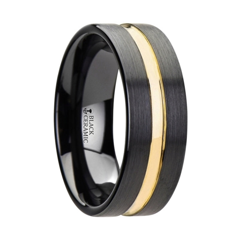 Thorsten Vivaldi Black Ceramic Wedding Band w/ Yellow Gold Groove (6-8mm) W3104-BCGG