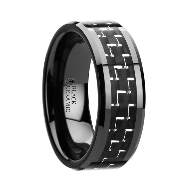 Thorsten Titan Black Beveled Ceramic Ring w/ Silver &amp; Black Carbon Fiber Inlay (8mm) W2946-BBCF