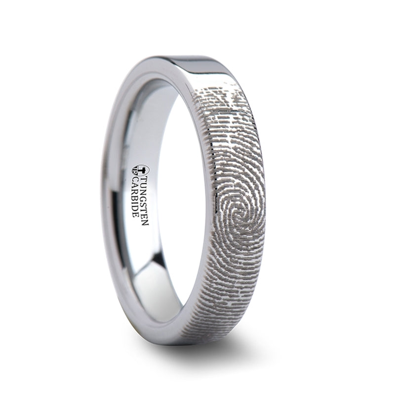 Thorsten Spartan Fingerprint Engraved Flat Pipe Cut Tungsten Ring Polished (4-8mm) F861-FBBT