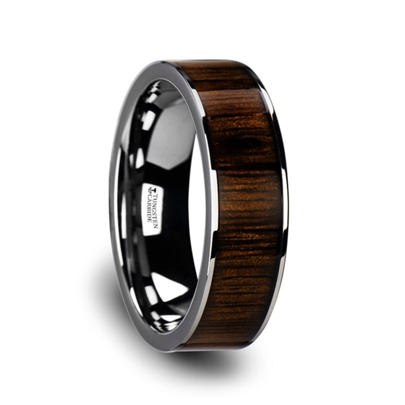 Thorsten Bokken Flat Tungsten Wedding Band w/ Black Walnut Wood Inlay &amp; Polished Edges (6-10mm) W3755-TCBW