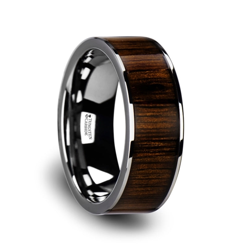 Thorsten Bokken Flat Tungsten Wedding Band w/ Black Walnut Wood Inlay &amp; Polished Edges (6-10mm) W3755-TCBW