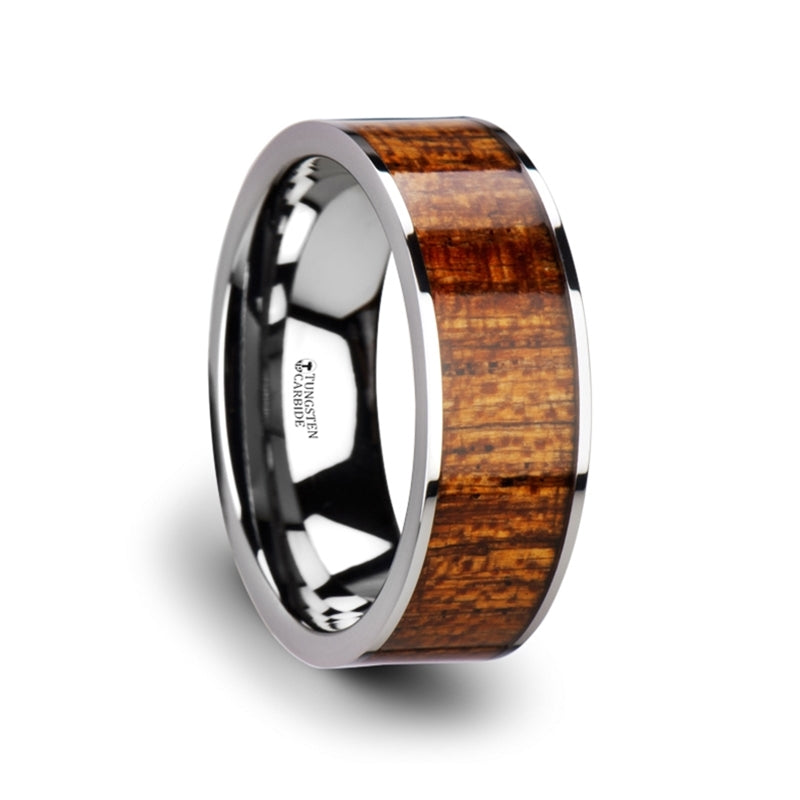 Thorsten Bolo Flat Tungsten Carbide Band w/ Exotic Mahogany Hard Wood Inlay &amp; Polished Edges (8mm) W3757-MHWI