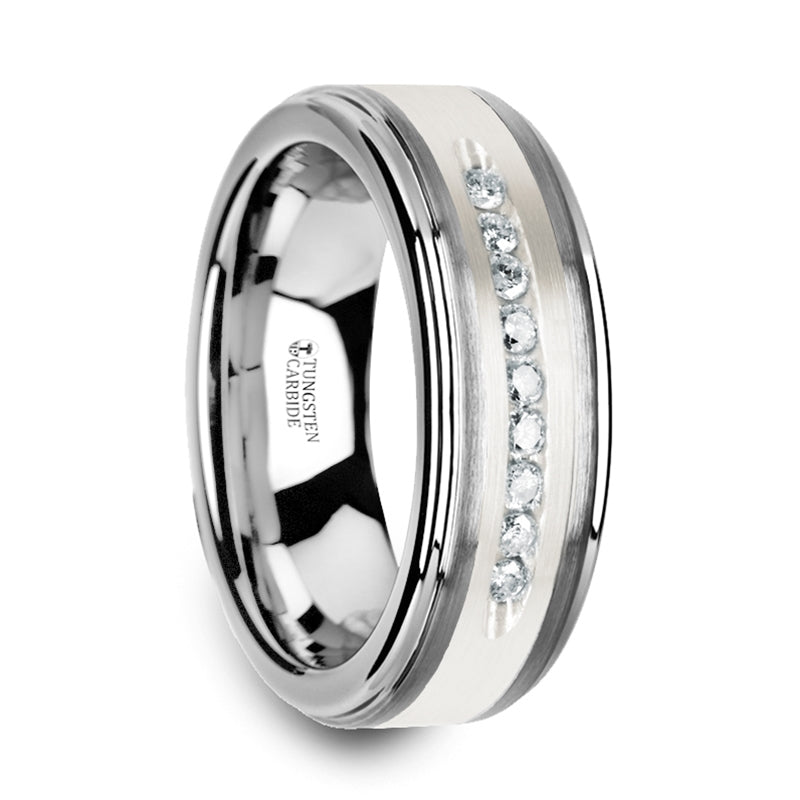 Thorsten Harper Tungsten Wedding Band w/ Raised Center &amp; Brushed Silver Inlay &amp; 9 White Diamonds (8mm) W3924-TCSD