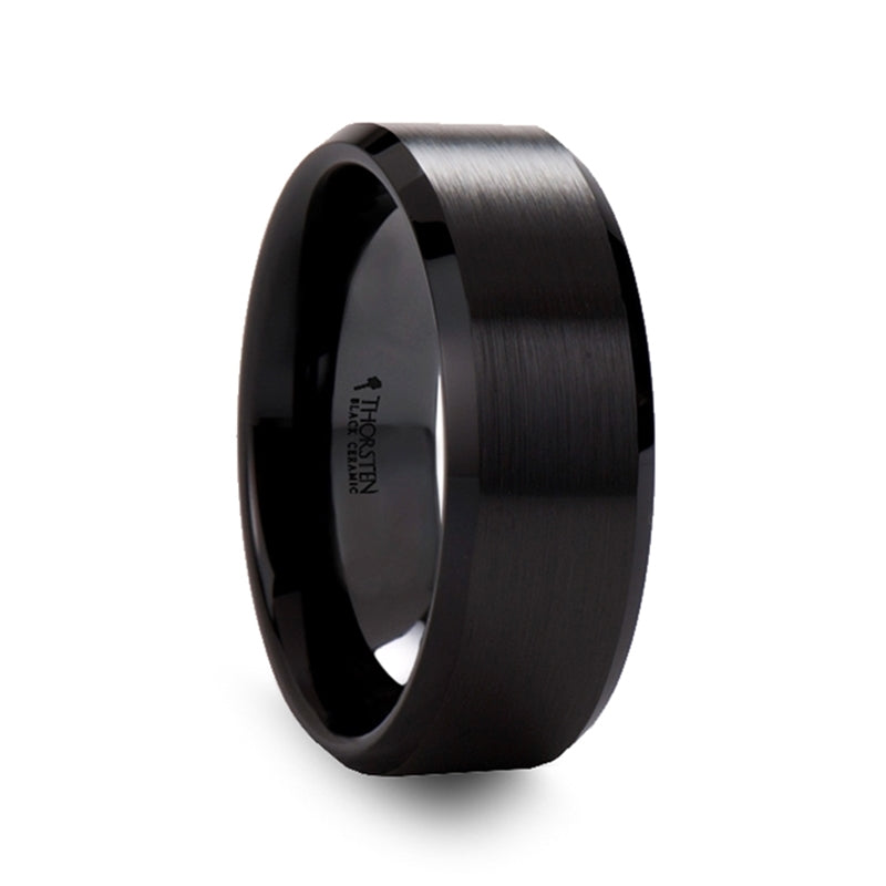 Thorsten Yorkshire Brushed Finish Black Ceramic Wedding Band w/ Beveled Edges (6-8mm) W4056-BCBB