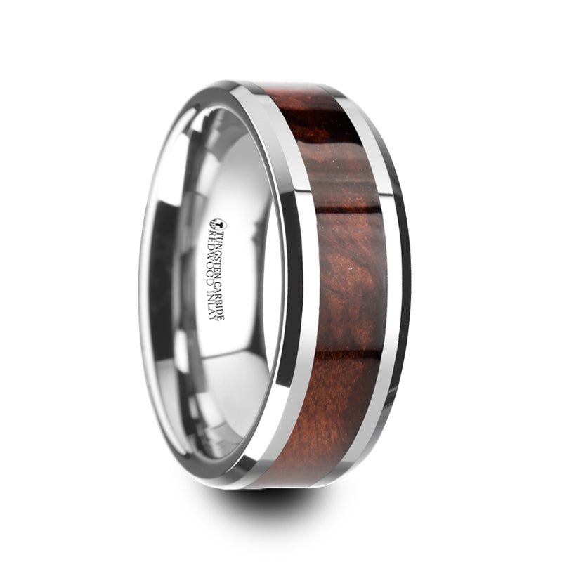 Thorsten Auburn Red Wood Inlaid Tungsten Carbide Ring w/ Bevels (8mm) W4271-RWWI