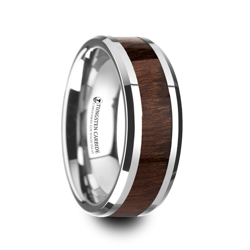 Thorsten Dacian Carpathian Wood Inlaid Tungsten Carbide Ring w/ Bevels (8mm) W4272-CWWI