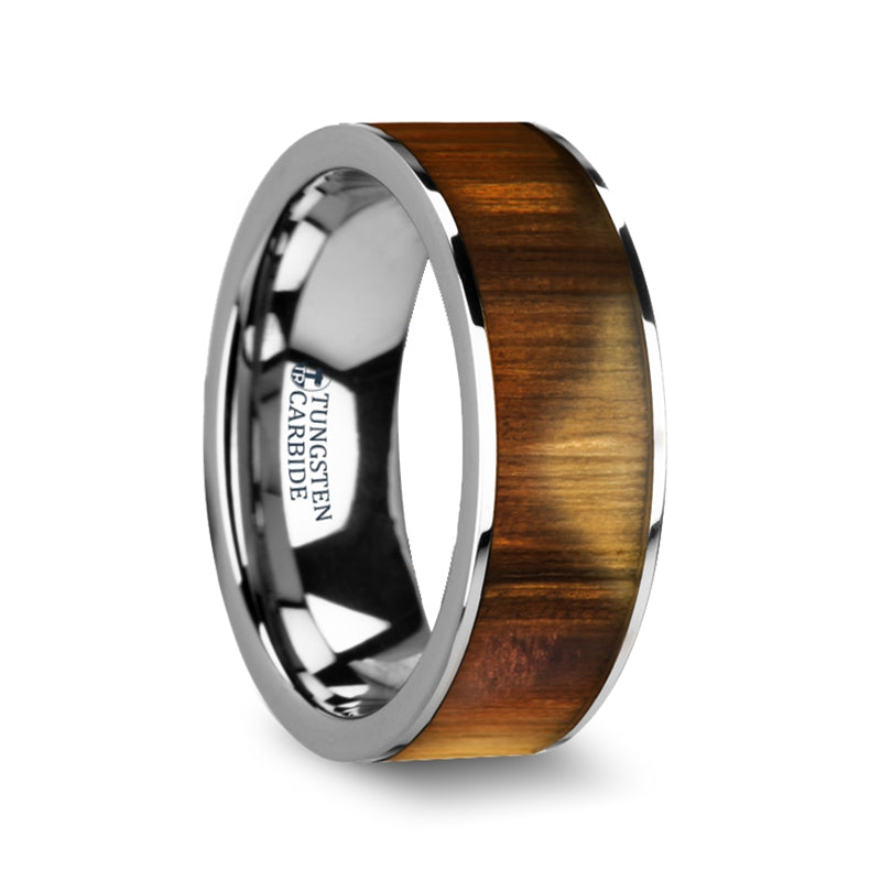 Thorsten Olivaster Olive Wood Inlaid Flat Tungsten Carbide Ring w/ Polished Edges (8mm) W4474-OWWI