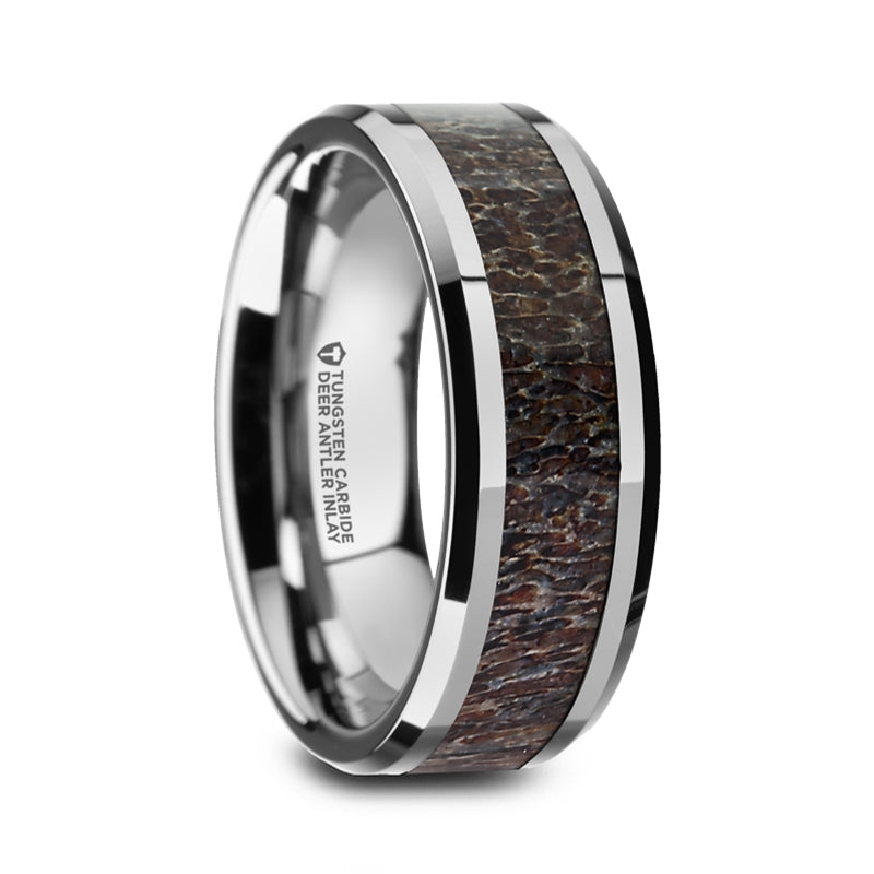 Thorsten Fawn Dark Deer Antler Inlay Tungsten Carbide Beveled Edged Ring (8mm) W1535-TCBD
