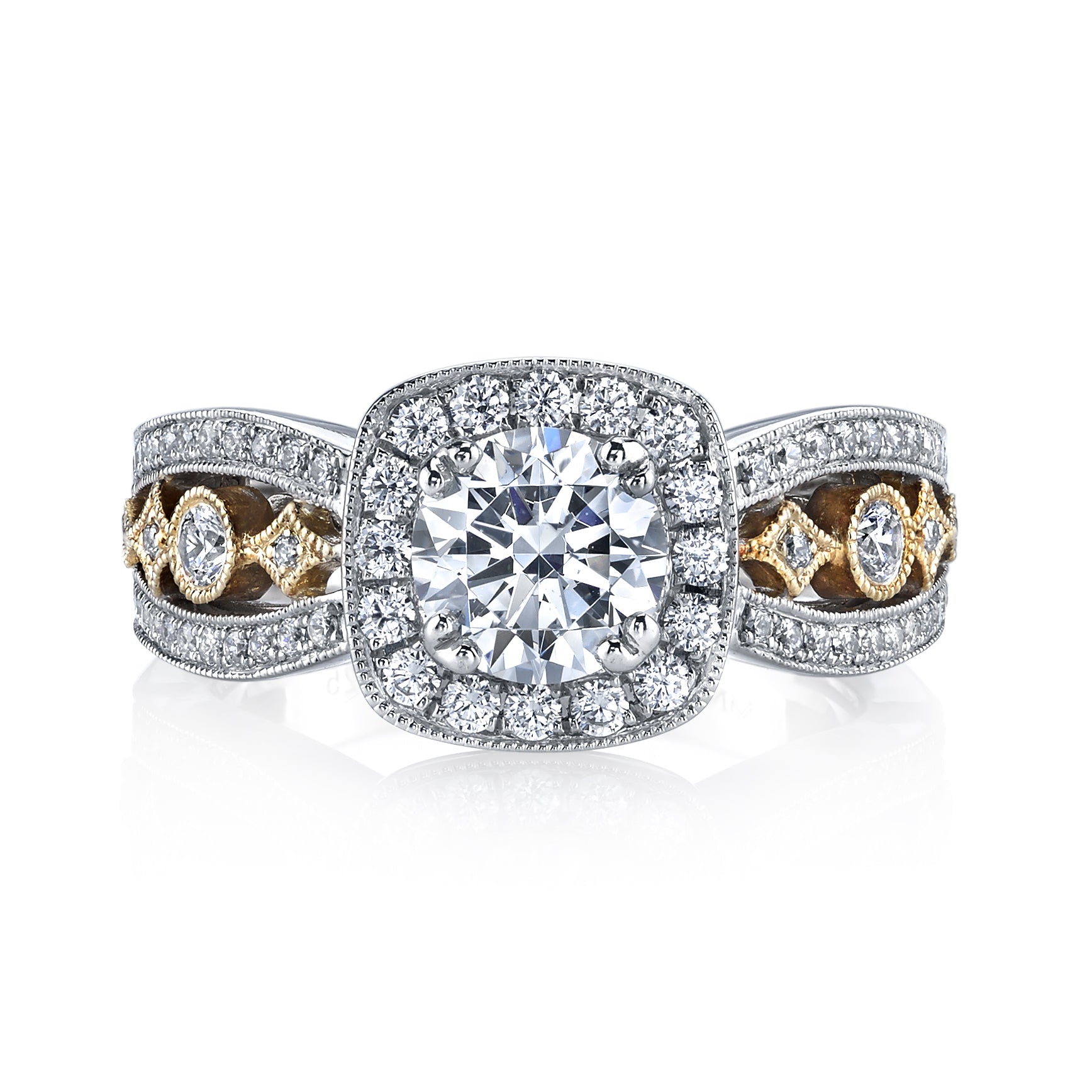 Mars Bridal Timeless Two-Tone Cushion Halo w/ Crown & Intricate Filagree Detail Diamond Engagement Ring 26047TT