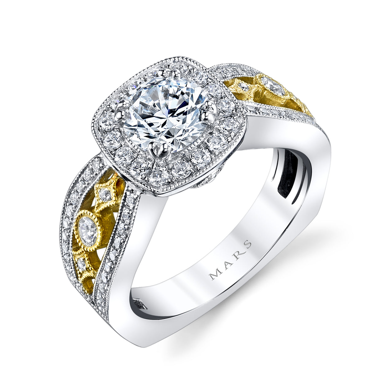 Mars Bridal Timeless Two-Tone Cushion Halo w/ Crown &amp; Intricate Filagree Detail Diamond Engagement Ring 26047TT