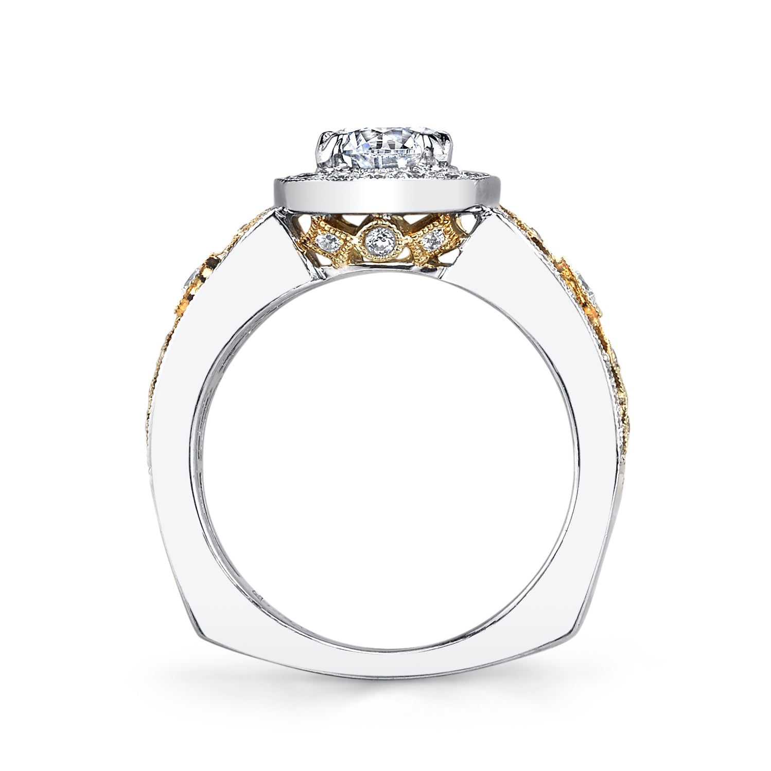 Mars Bridal Timeless Two-Tone Cushion Halo w/ Crown & Intricate Filagree Detail Diamond Engagement Ring 26047TT