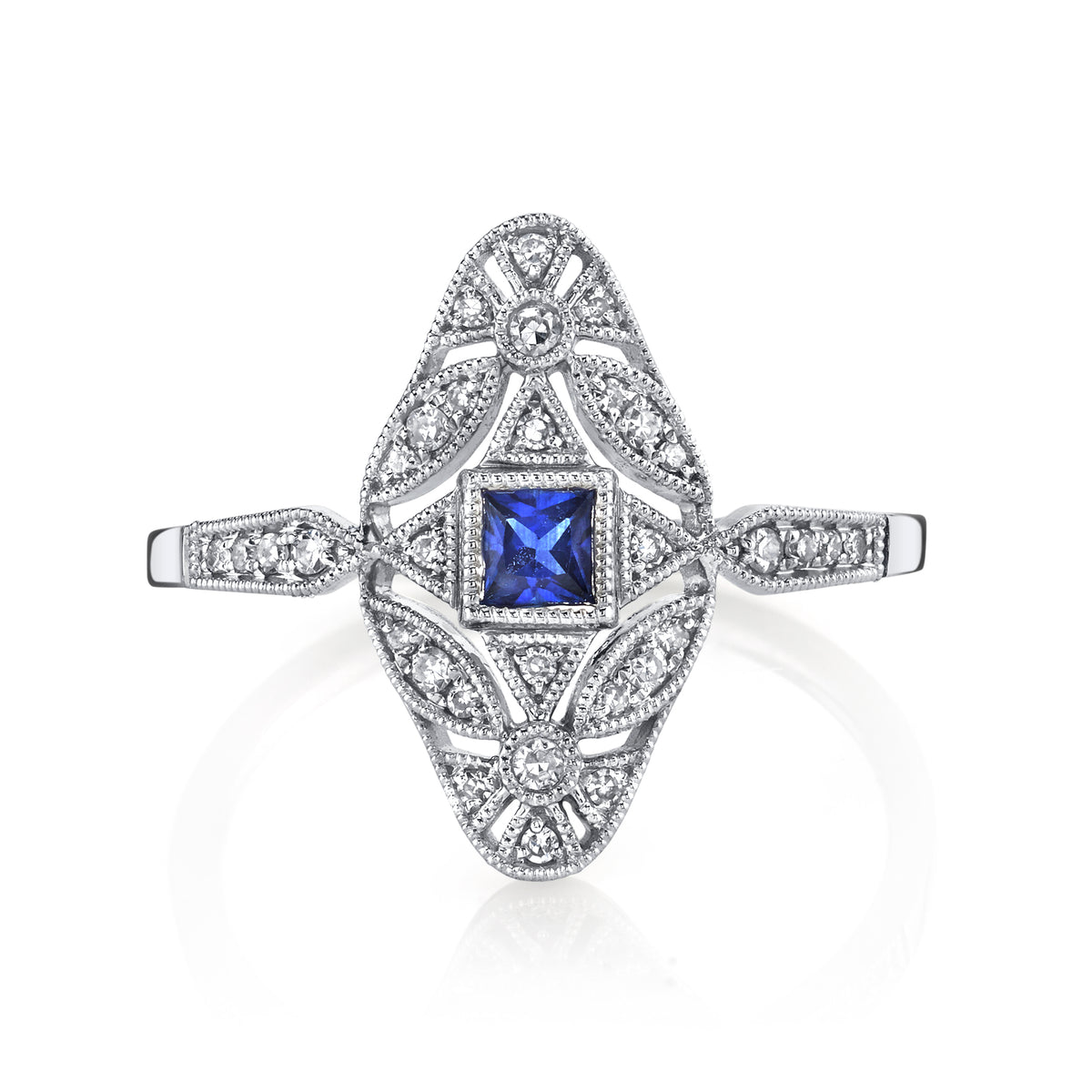 14K White Gold 0.20ct. Sapphire &amp; 0.13ct. Diamond Filigree &amp; Milgrain Detailing Fashion Ring