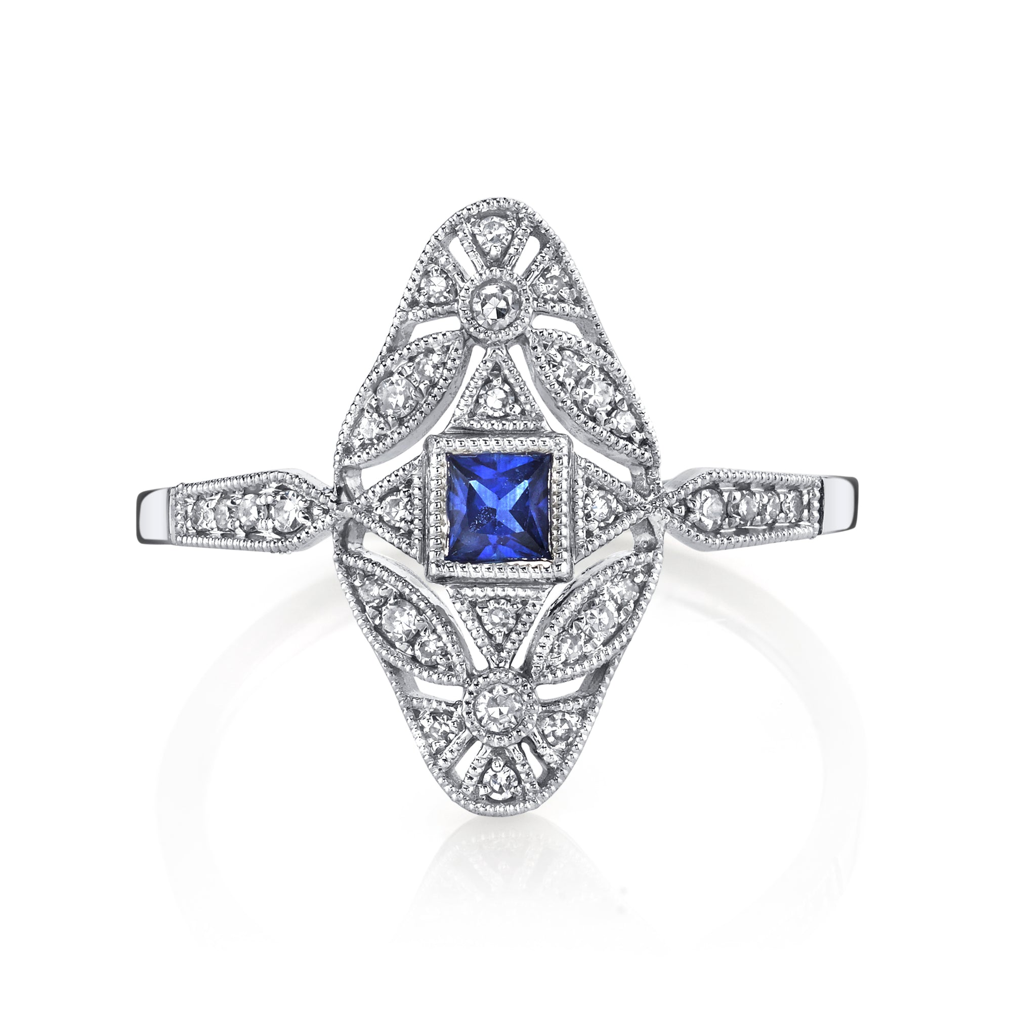 14K White Gold 0.20ct. Sapphire & 0.13ct. Diamond Filigree & Milgrain Detailing Fashion Ring