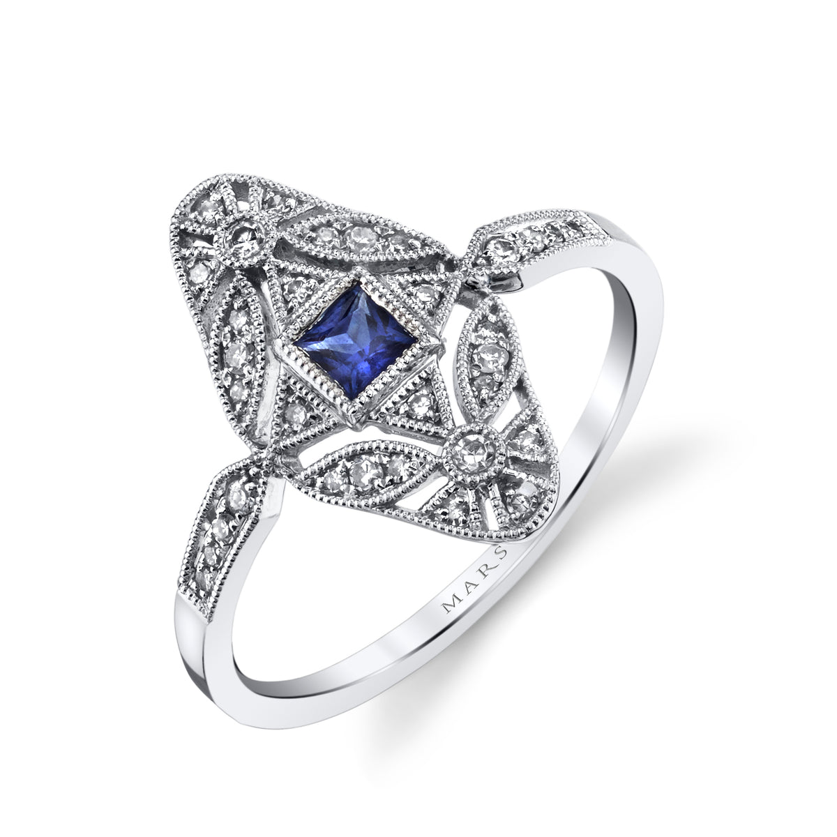 14K White Gold 0.20ct. Sapphire &amp; 0.13ct. Diamond Filigree &amp; Milgrain Detailing Fashion Ring